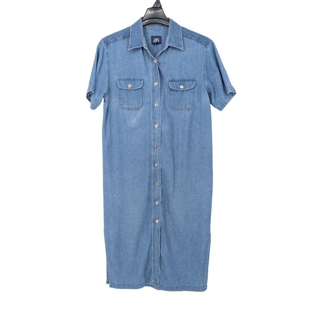 Vintage Y2K Denim Shirt Dress Midi Button Front Utility Minimalist 90s Size M